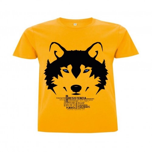 Camiseta masculina de algodão de manga curta com estampa de lobo amarelo, símbolo animal.