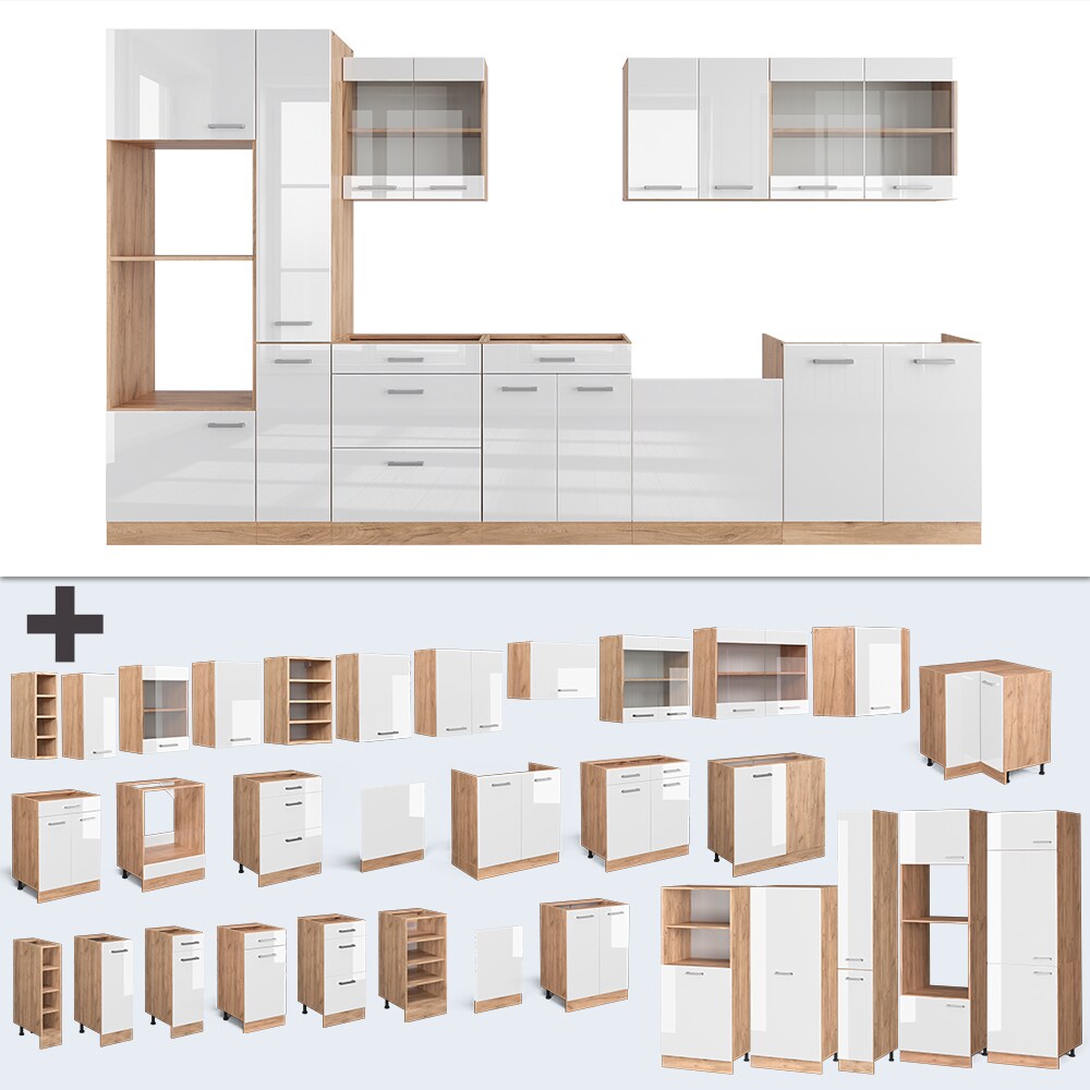 Vicco Küchenzeile Küchenblock Einbauküche R-Line 350 cm Eiche Weiß Hochglanz Küche
