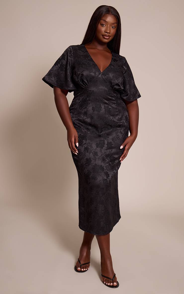 Noir Robe Maxi Grande Taille À Jacquard Floral Manches Bouffantes Et Décolleté Plongeant