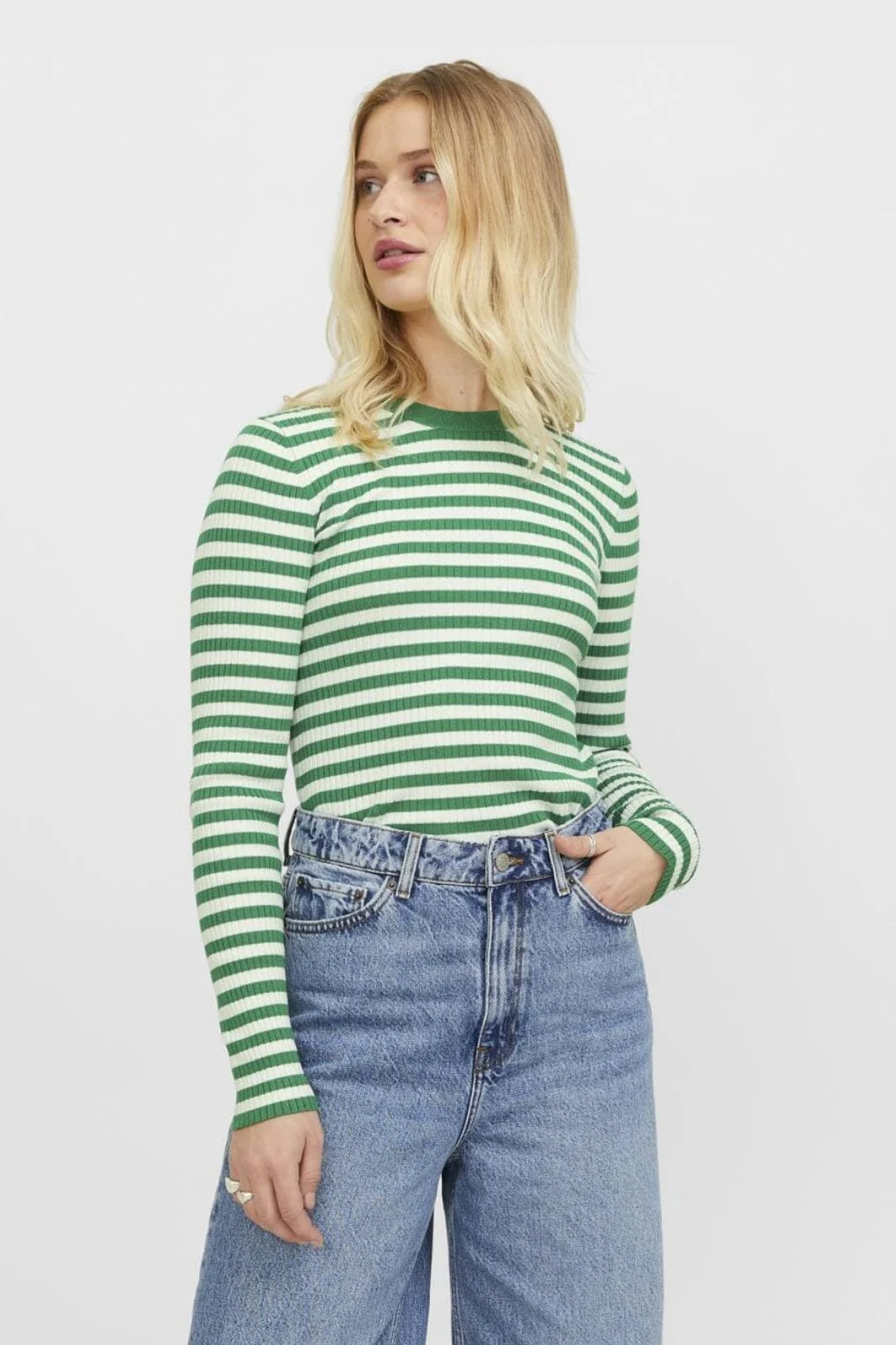 Jjxx Jxjodi Tight Stripe Crew Neck Knit 4412396 medium green cloud dancer