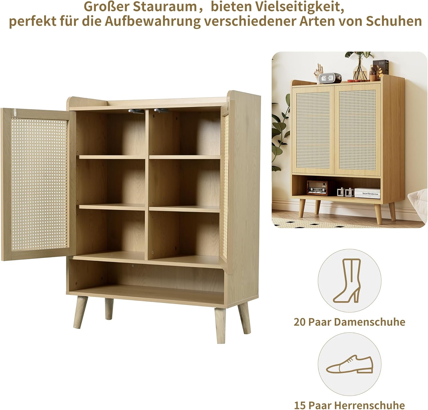 Hommdiy Schuhschrank Sideboard Multifunktionsschrank aus natürlichem Rattan, Schuhkommode Schuhregal mit 2 Türen und 5 Regalböden, für den Flur. Mit Holzgriffen und Massivholzbeinen B80/H105/T35 cm
