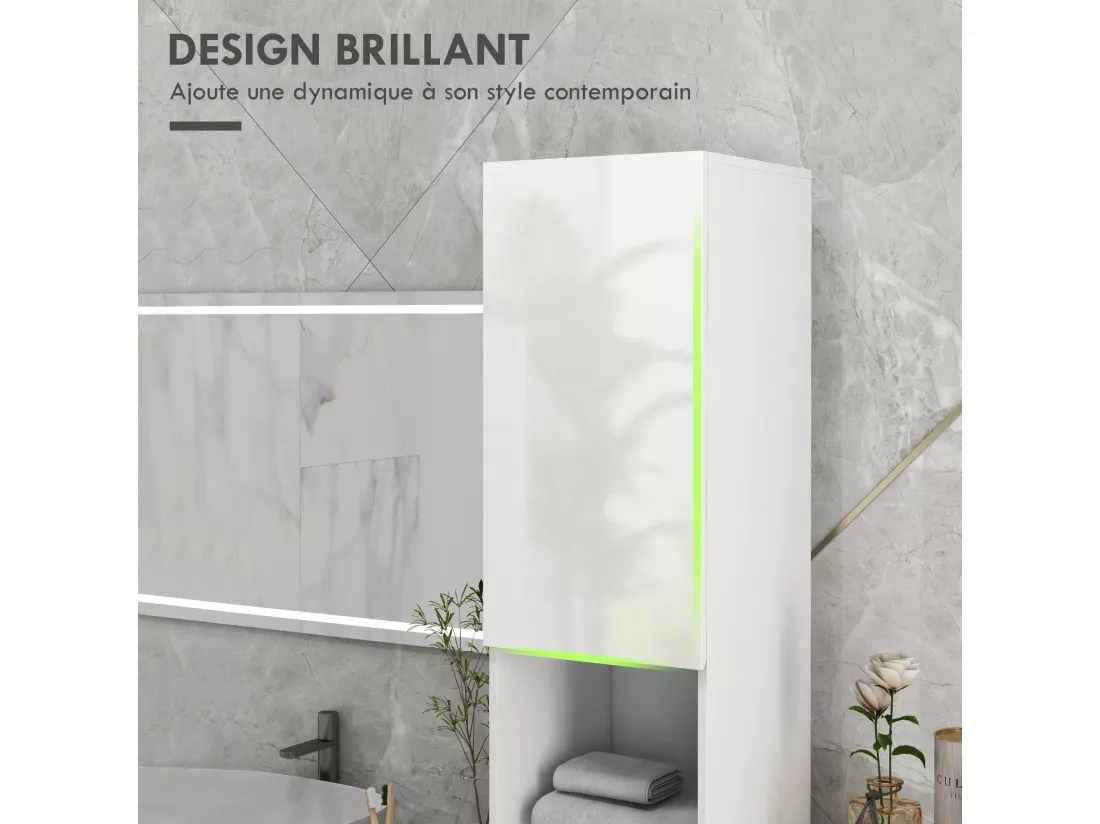 Meuble colonne rangement salle de bain style contemporain façade laquée 2 portes étagères 2 niches blanc
