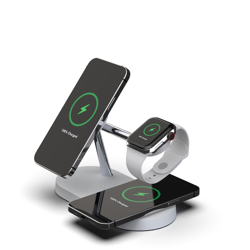 (15W) 5in1 Magnetischer Qi Wireless Charger für Apple Watch / Smartphone / AirPods Dockingstation mit LED Nachtlicht - Weiss