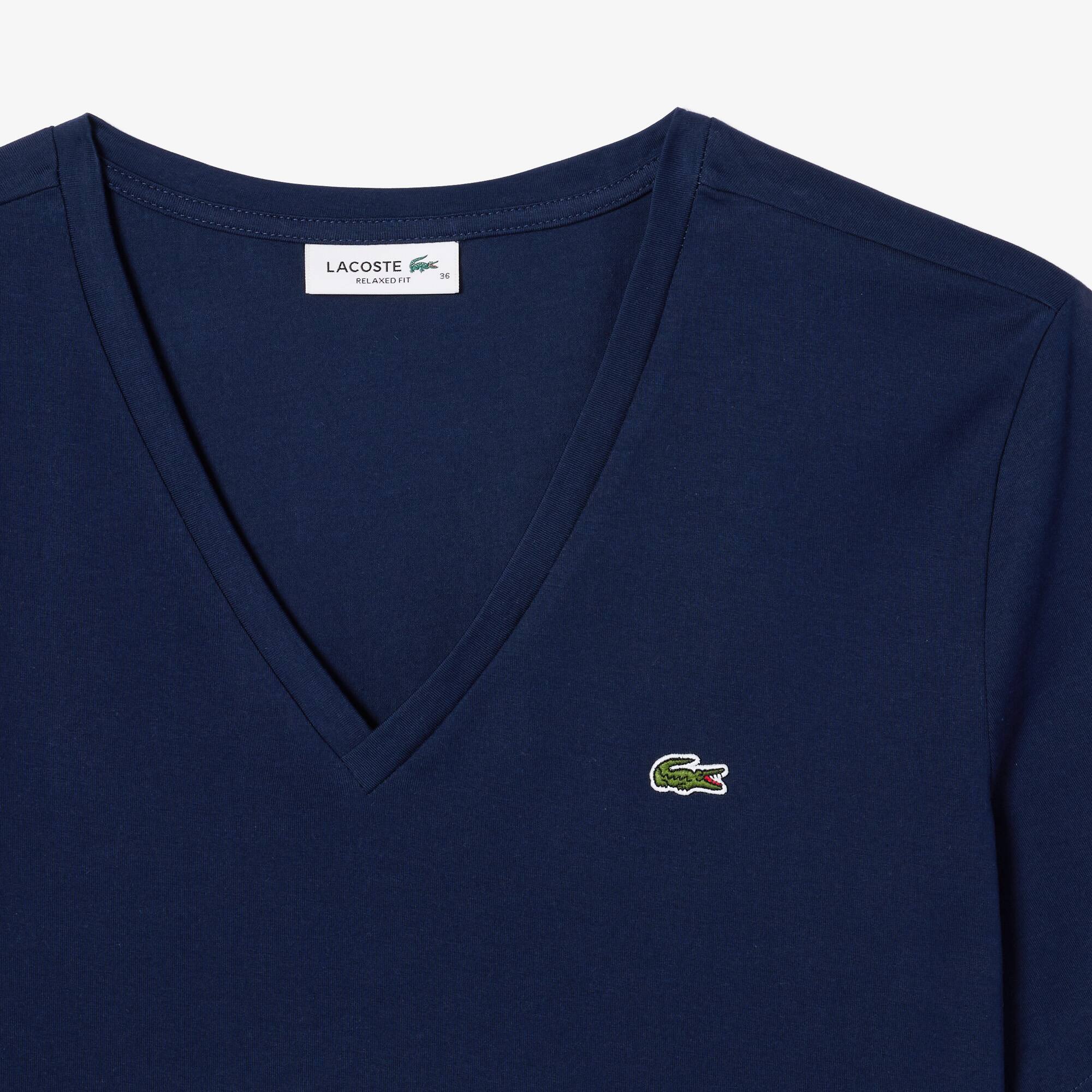 T-shirt relaxed fit en jersey de coton doux col V T-Shirts - Bleu - Lacoste - Femme