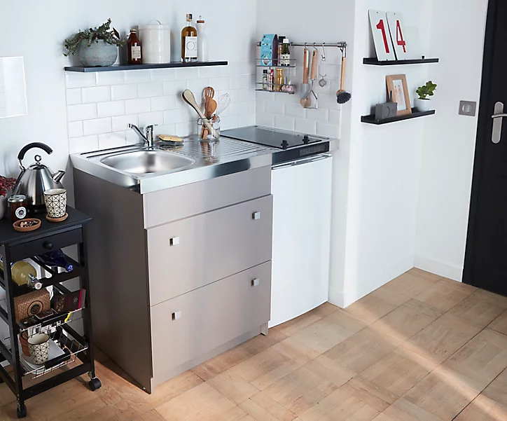 Kitchenette Silver taupe, casserolier + plan de travail + évier + frigo + plaque vitrocéramique