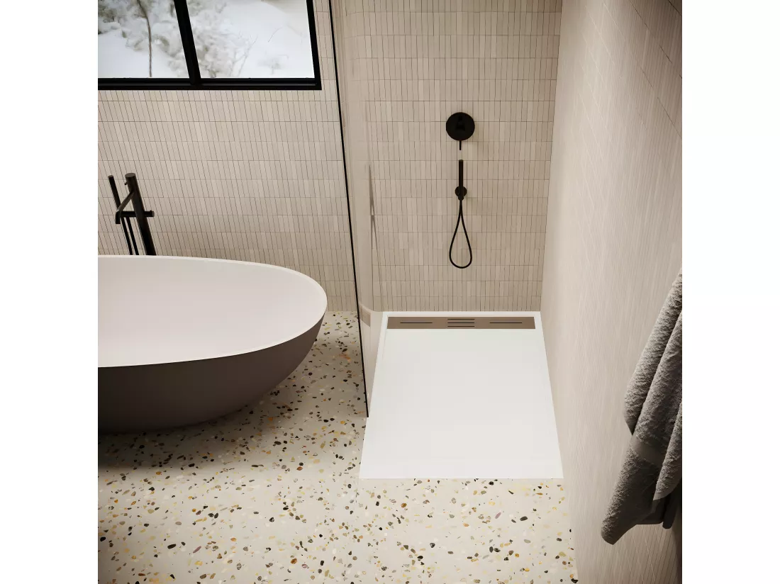 Receveur de douche 80 x 140 cm extra plat LUCIA en SoliCast® surface ardoisée blanc