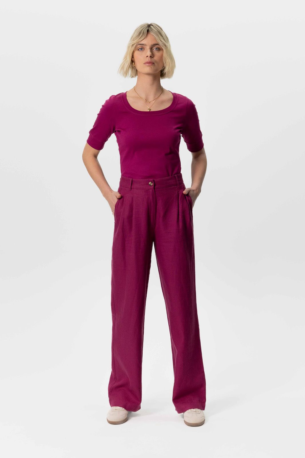 Paarse wide leg linnen pantalon