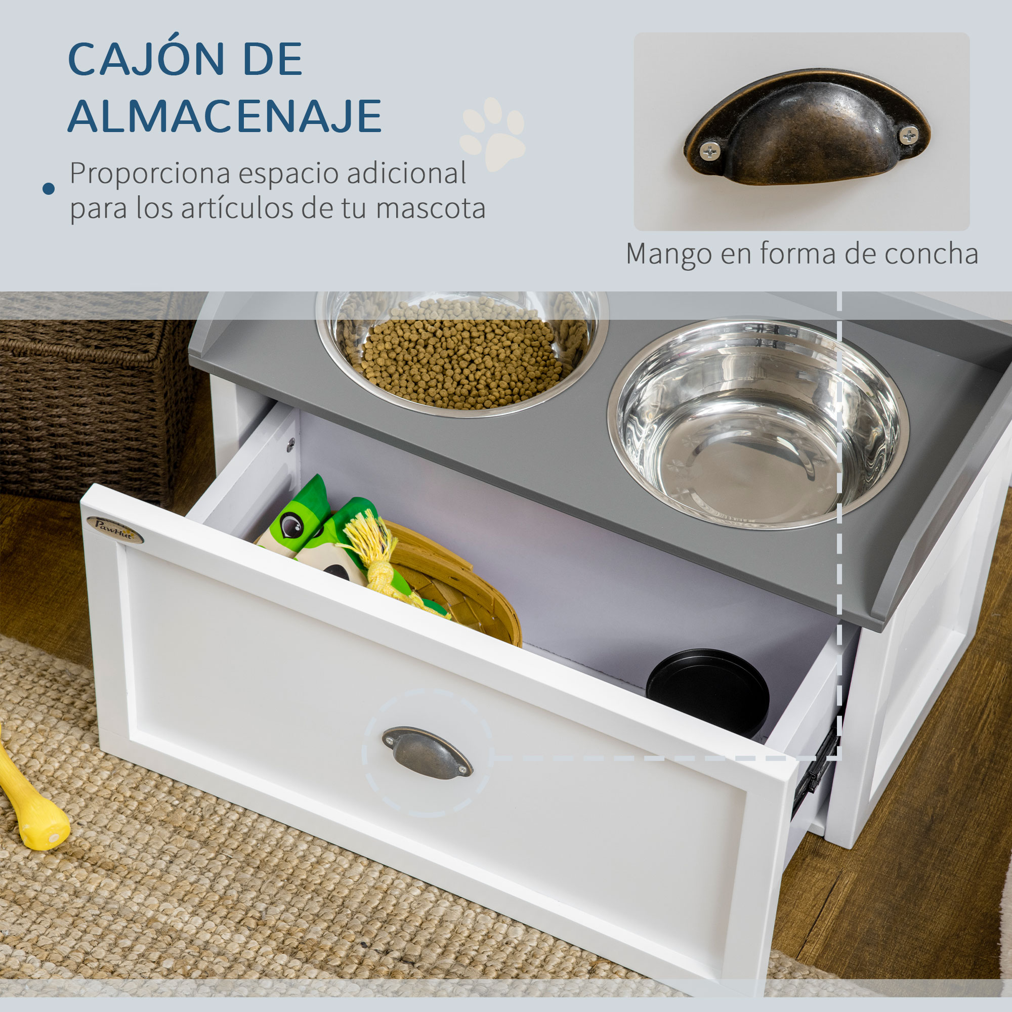 Comedouro elevado PawHut para cães grandes, com 2 tigelas de aço inoxidável de 2000ml e gaveta oculta, suporte de madeira para animais de estimação 60x30x36 cm branco.