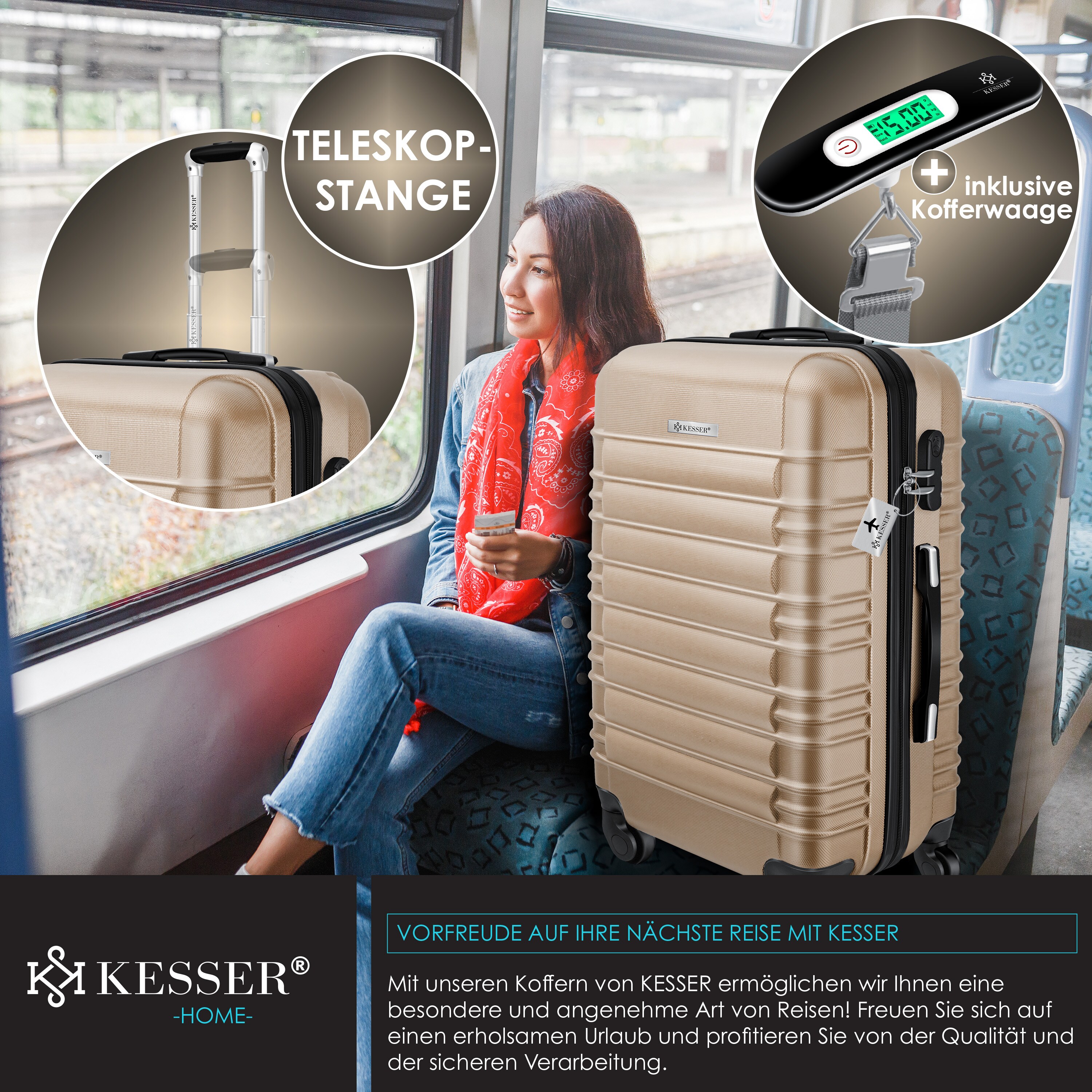 KESSER® Reisekoffer Hartschalen-Koffer Inkl. Kofferwaage + Gepäckanhänger Trolley Gepäck Rollkoffer Zahlenschloss 4 Rollen ABS-Hartschale Teleskopgriff