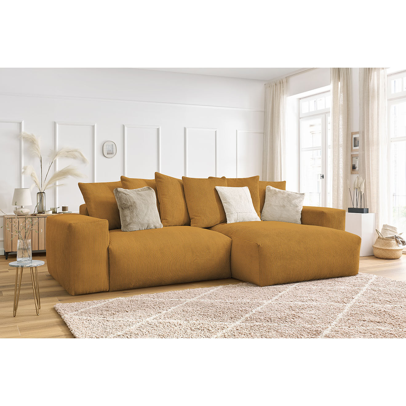 Bobochic Canapé d'angle réversible ultra moelleux voltaire velours côtelé jaune - 310x174x75 cm