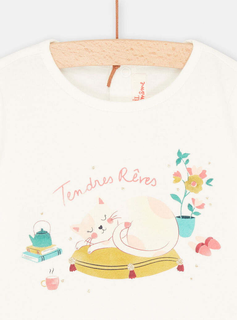 T-shirt écru à motif chat endormi pour bébé fille
