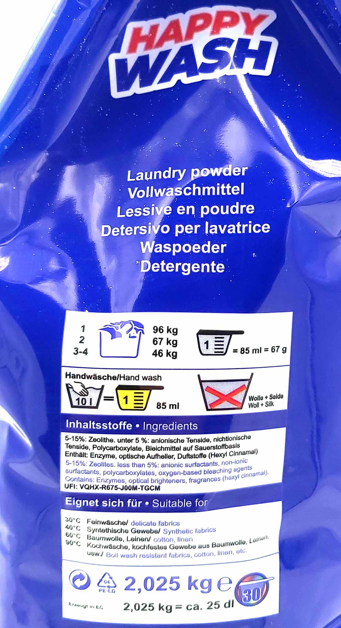 Vollwaschmittel 30 Wäschen von Happy Wash 2,025 kg