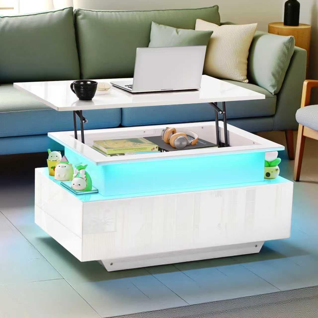 Höhenverstellbarer Couchtisch, Wohnzimmertisch Hochglanz mit LED-Beleuchtung, Offenem Ausstellungsregal und 2 Schubladen, Modern, 85 x 50 x 45 cm, Weiß