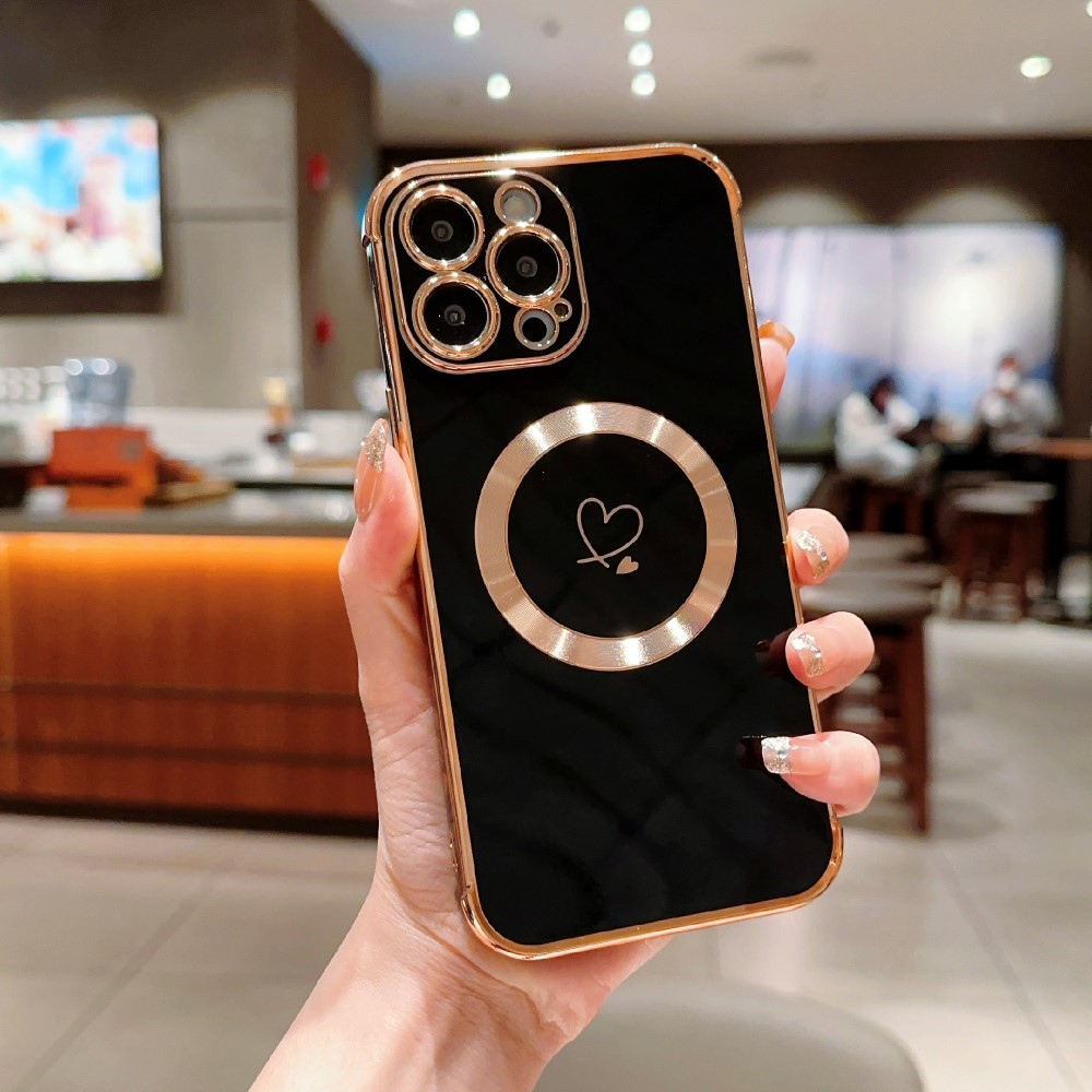 iPhone 16 Pro MagSafe Gummi Case Hülle Galvanisierter Rahmen   Kameraglasschutz - Schwarz / Gold