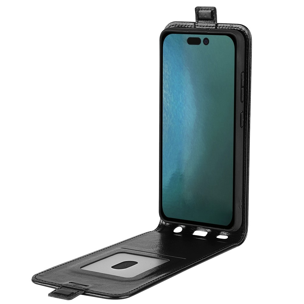 iPhone 14 Leder Tasche Flip Cover Vertikal im Retro Look mit Kartenfach - Schwarz