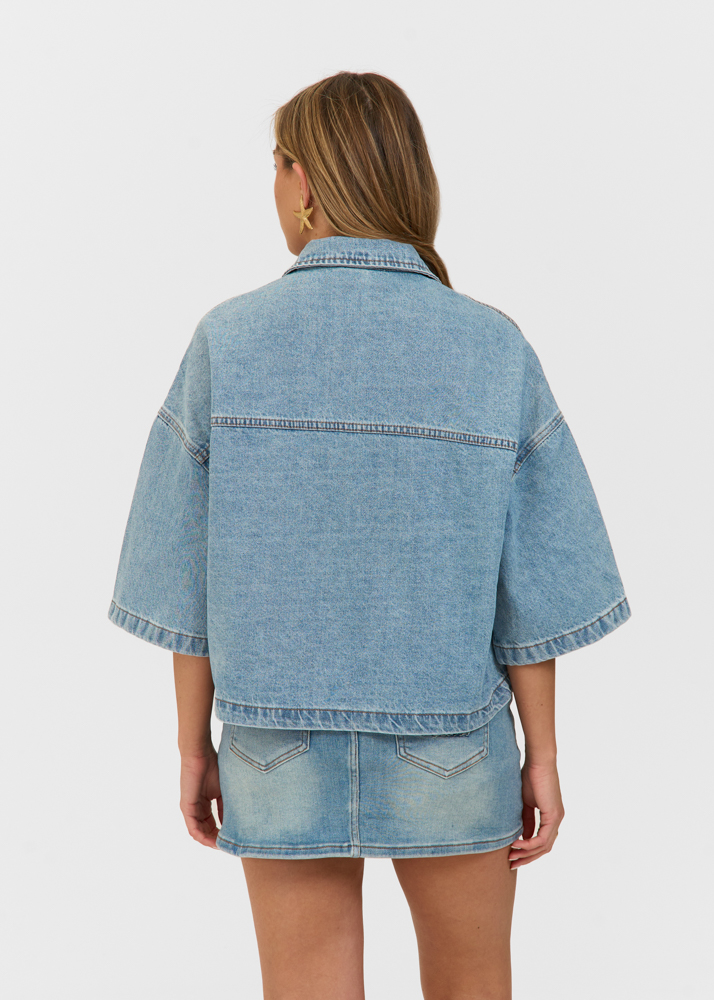 Denim logo blouse korte mouw smokey blauw