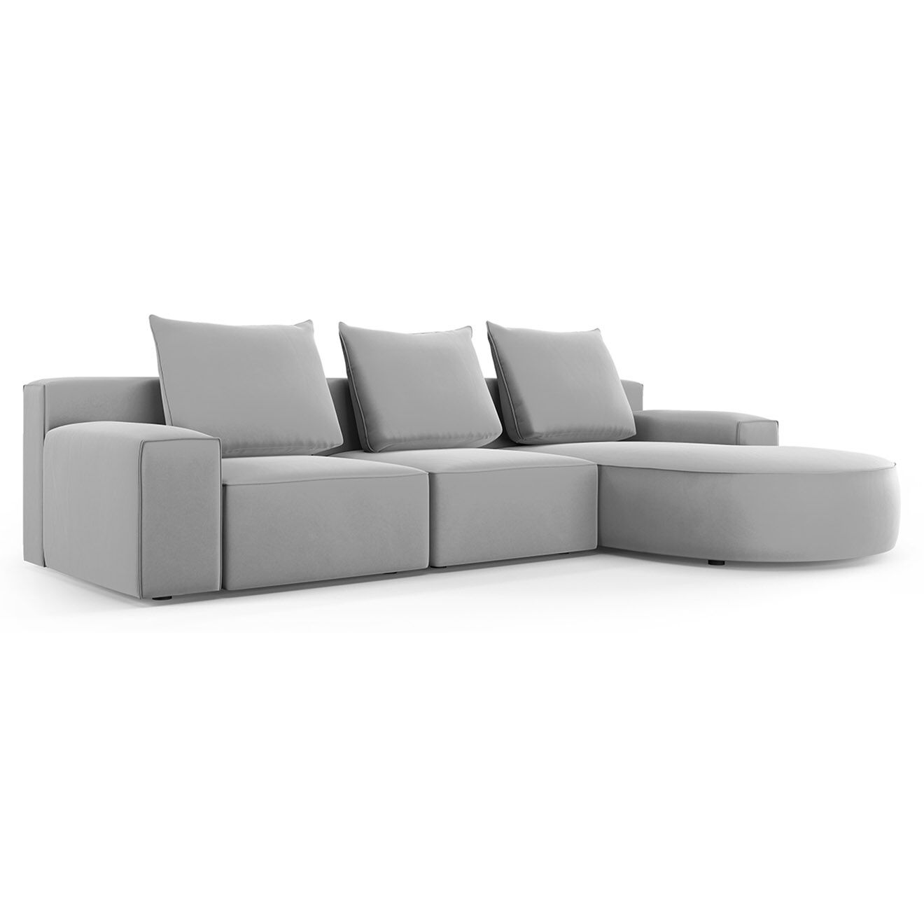 Mazzini Sofas Canapé d'angle droit arrondi en velours Ivy 5 Places gris clair - 285x180x89 cm