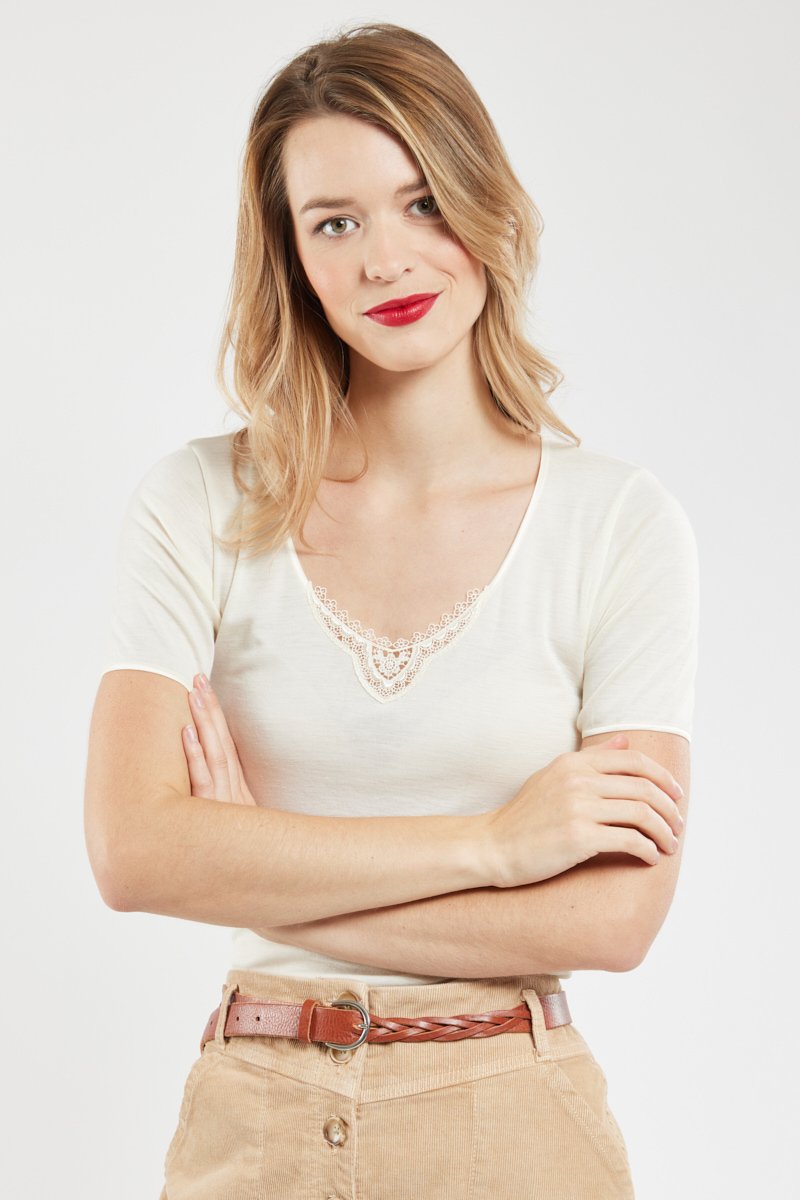 T-shirt col dentelle - laine et soie