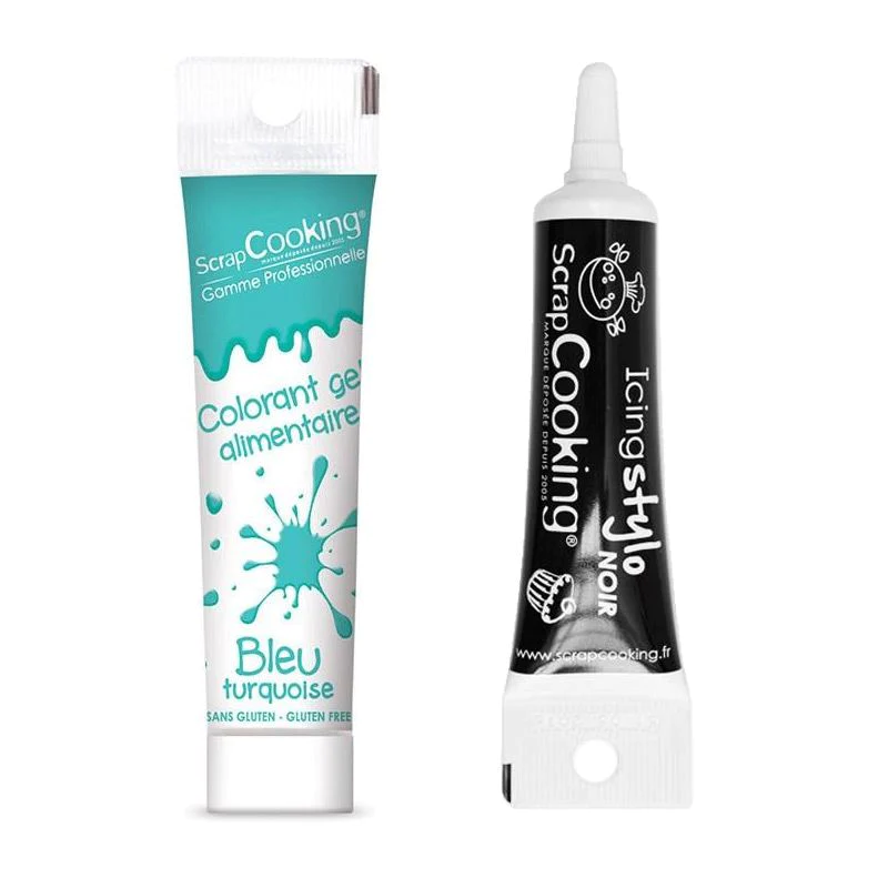 Gel colorant alimentaire bleu turquoise 20 g + Stylo glaçage noir Scra