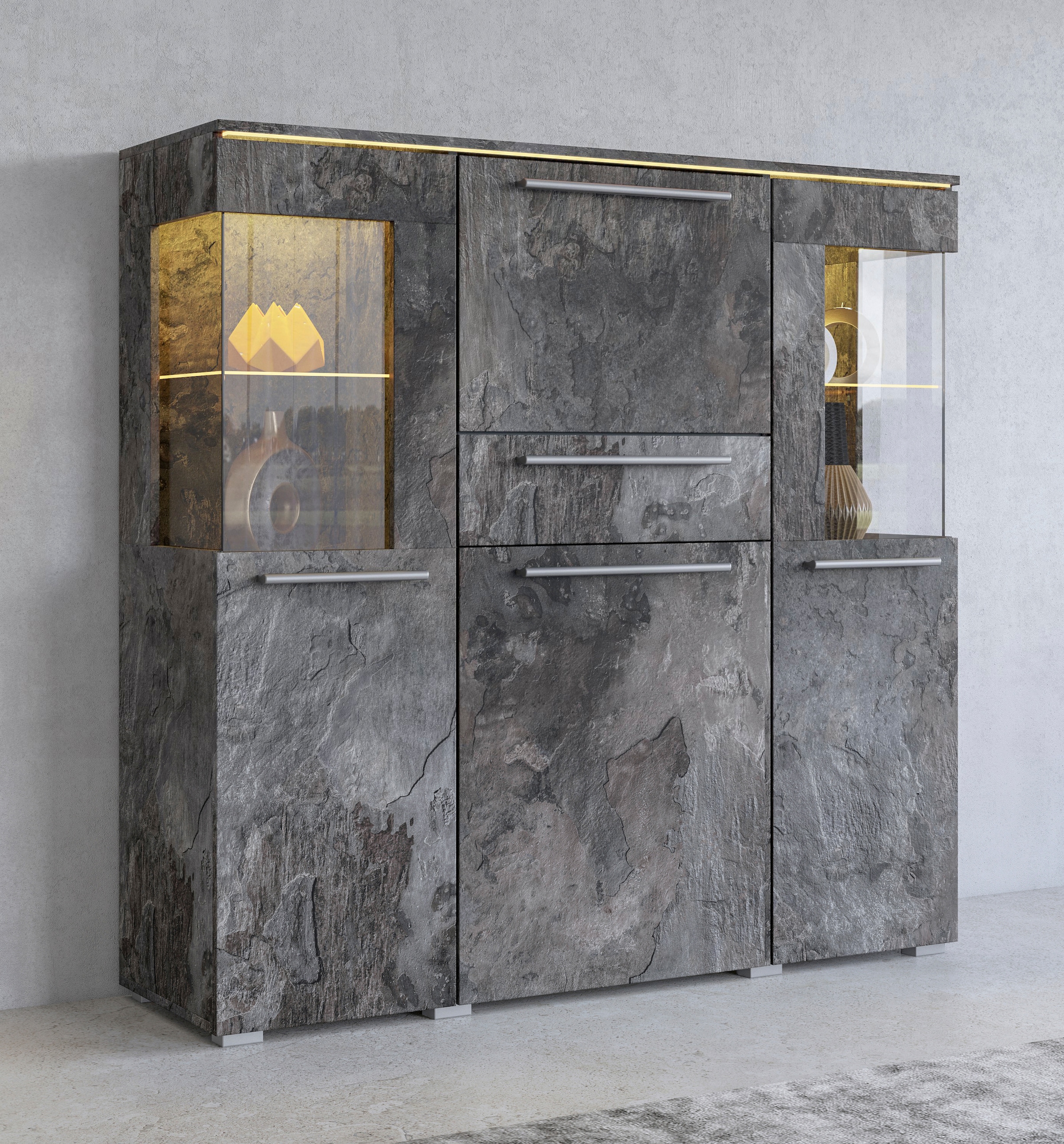 INOSIGN Highboard »India,Breite 130cm, stilvolle Hochkommode 3Türen, Klappe und Schublade« Hochschrank viel Stauraum, Einlegeböden verstellbar,ohne Beleuchtung