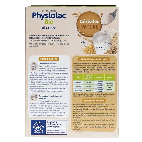 Cereal instantâneo orgânico Physiolac para crianças a partir de 4 meses, 200g