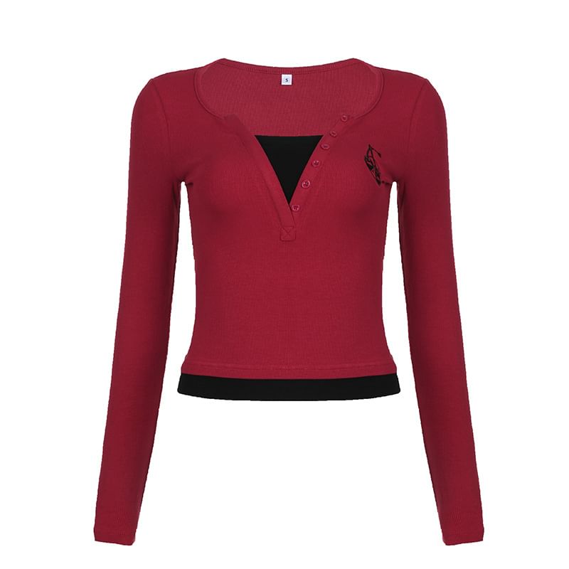 Trisica - Mock tweedelige Henley crop top met lange mouwen en borduurwerk