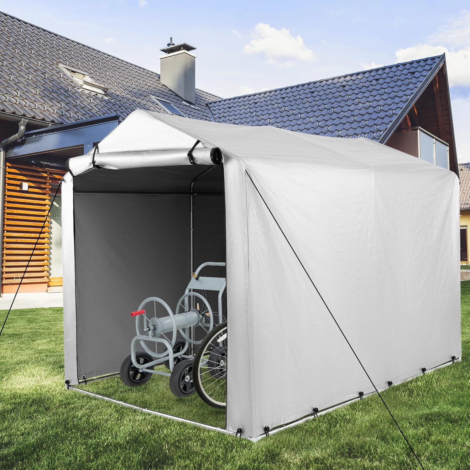 COSTWAY Garagenzelt 160 x 218 x 164 cm, Gerätehaus Wasserdicht mit Metallrahmen & aufrollbarer Reißverschlusstür, Zeltgarage für Fahrräder Motorräder Gartengeräte (Silbergrau)