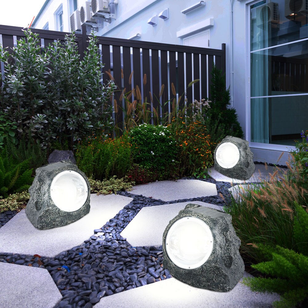3er Set LED Solarleuchte, Stein, grau, H 10,5 cm