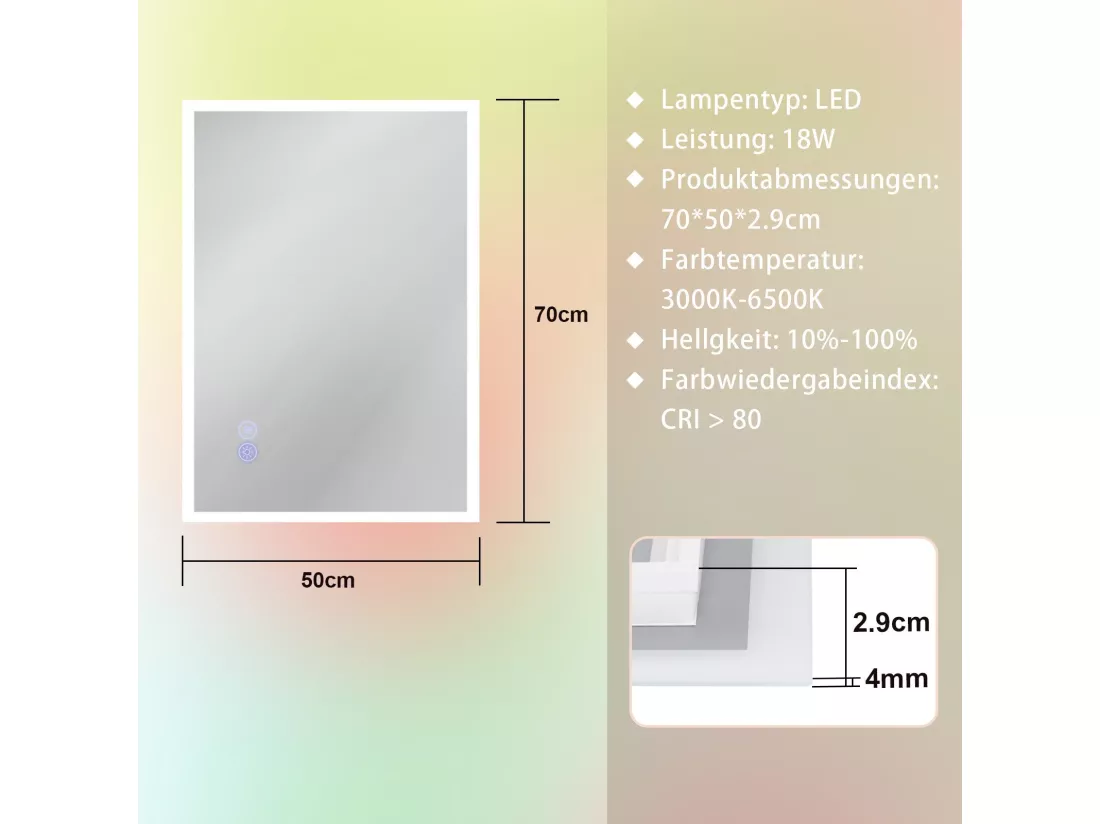 NETTLIFE Miroir avec lumière 50x70cm Miroir mural LED Verre antidéflagrant Miroir de salle de bain avec miroir tactile