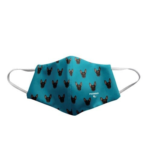 Máscara facial personalizada com estampas turquesa.