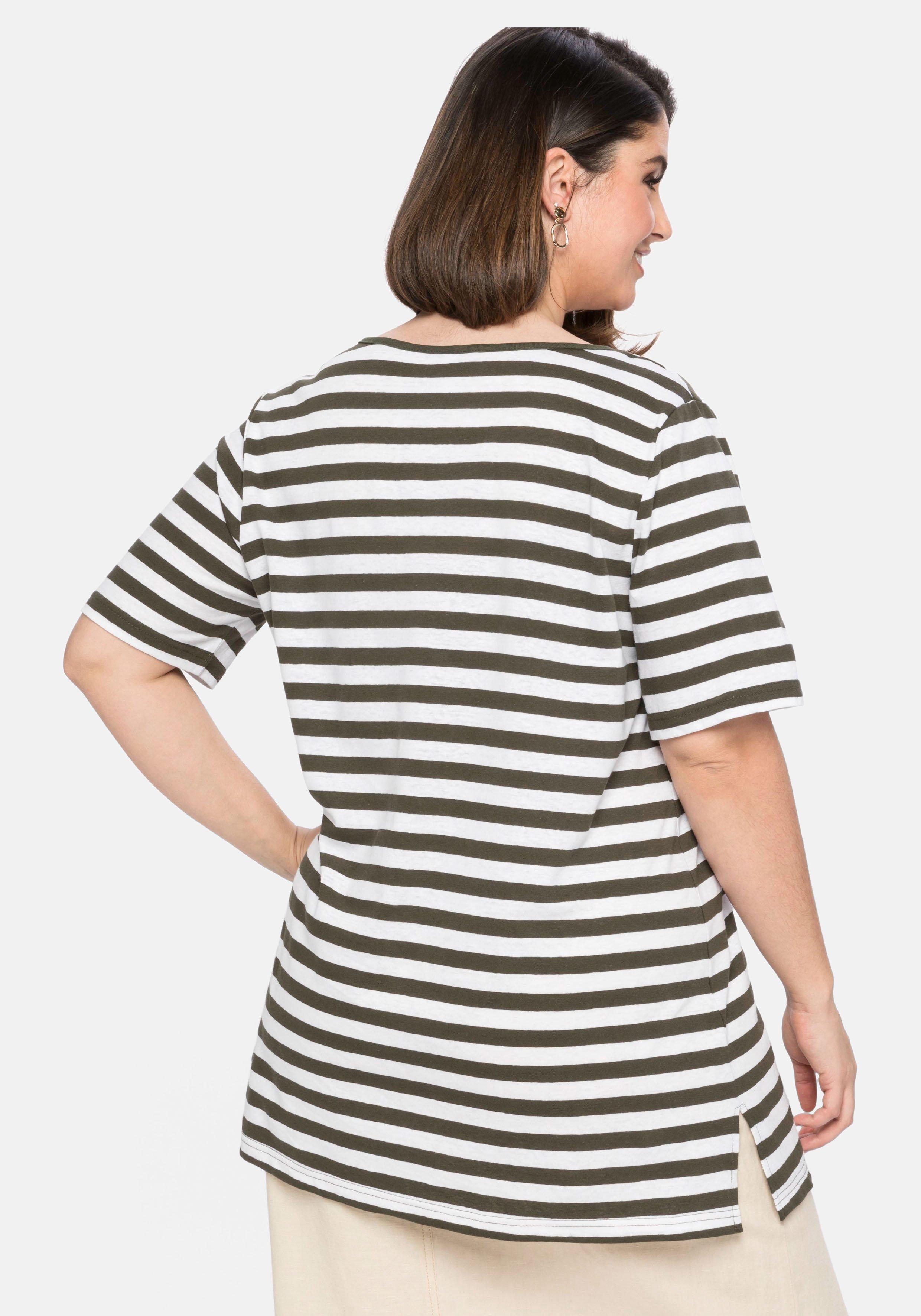 Ringelshirt mit V-Ausschnitt, im Leinen-Mix