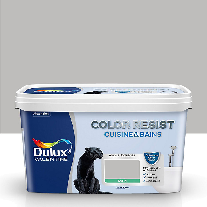 Peinture cuisine et salle de bains Dulux Valentine Color Resist béton gris satin 2L