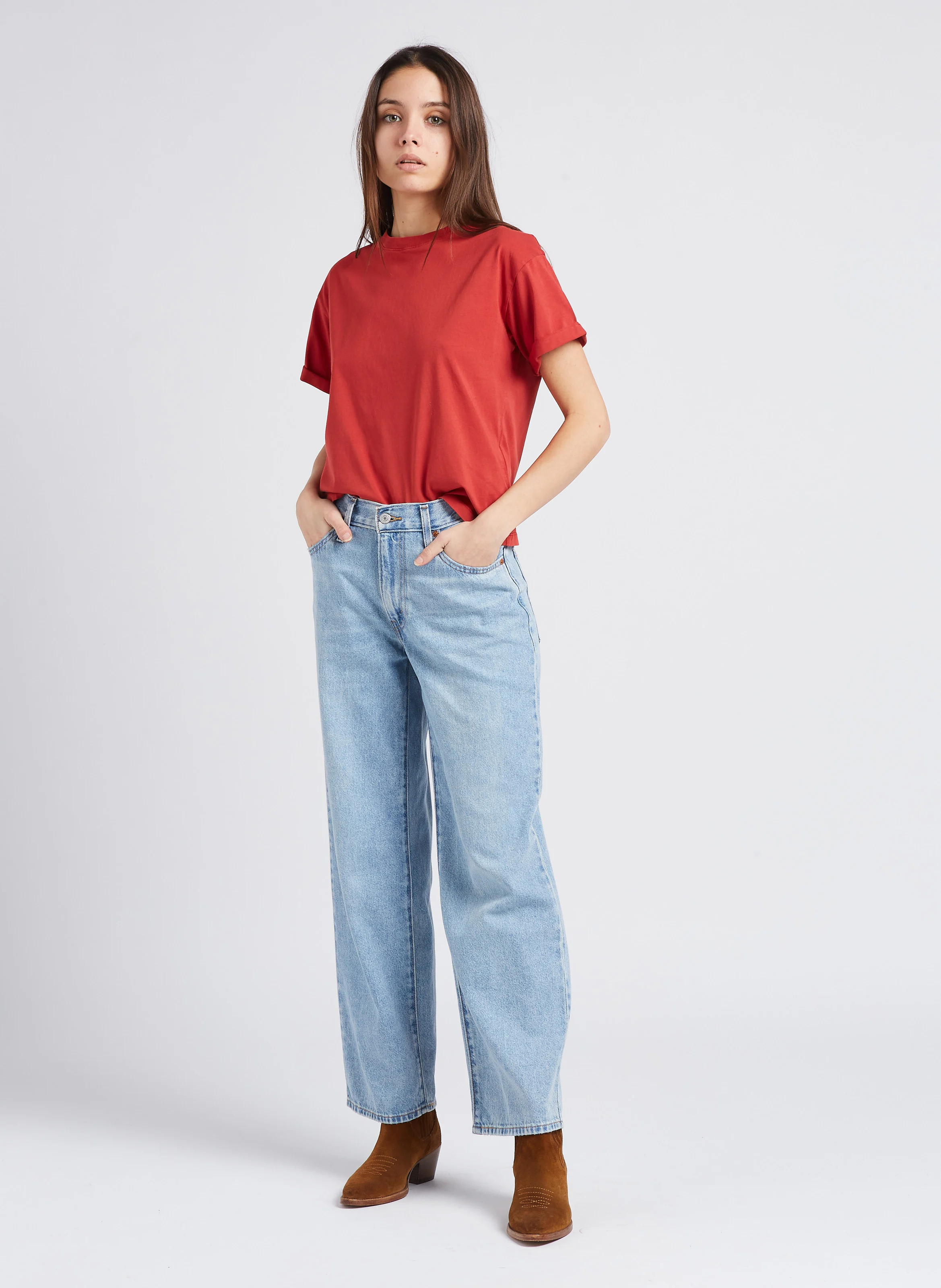 ROSIE - Tee-shirt droit col rond en coton | Rouge