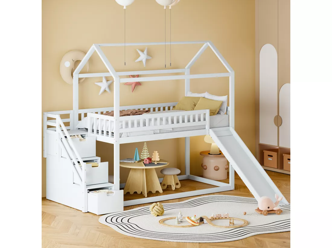 Lit superposé enfant 90x200 cm, lit mezzanine avec toboggan et échelle de rangement, barrière haute, cadre de lit en bois massif, blanc