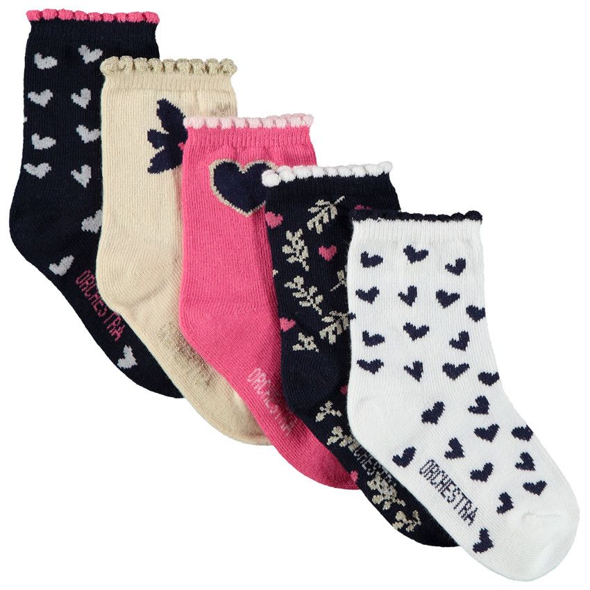 Lot de 5 paires de chaussettes imprimé coeurs pour bébé fille - Bleu marine