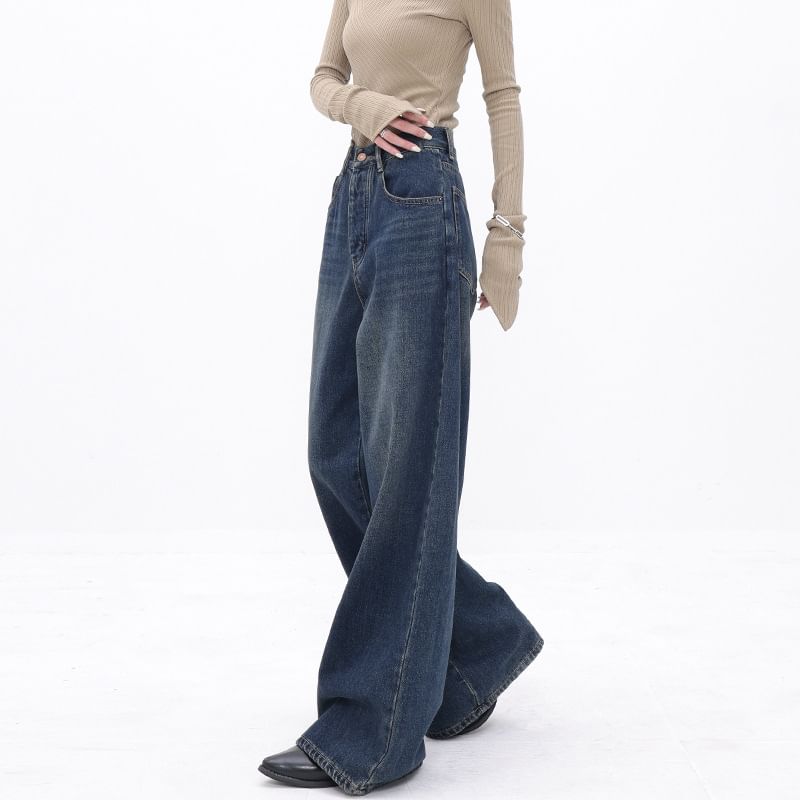 Carotaine - High Waist Washed Wide Leg Jeans