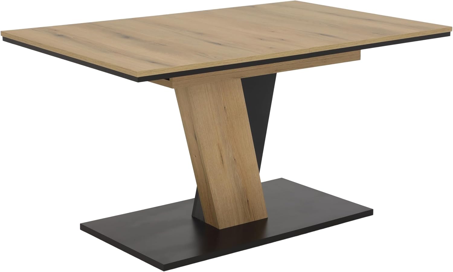 Hela Tische, Esstisch Kulissentisch Lucy, Dekor Evoke Eiche/Schwarz, Sychronauszug, Schräge Säulen mit Bodenplatte, 140-180x90cm