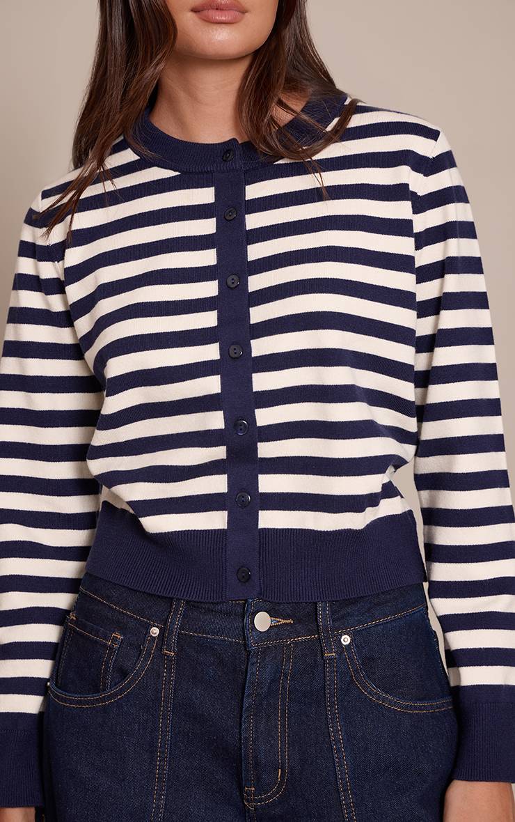 Bleu Marine Cardigan Rayé En Maille Compacte À Boutons