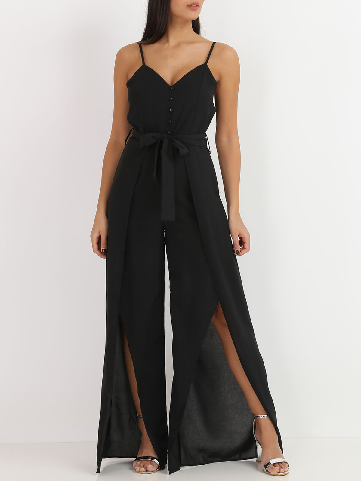 Combinaison fluide fendue avec ceinture- Noir