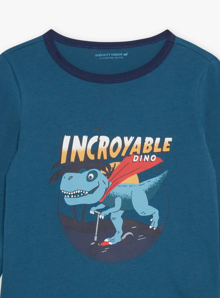 Pyjama deux pièces bleu canard en coton avec cape tête de dinosaure