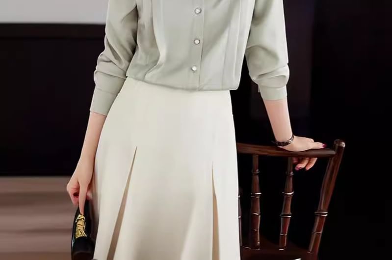 Skyheart - Blouse met lange mouwen, kraag, effen plooien en knopen / Hoge taille geplooide midi-A-lijn rok / Wijde broek / Set