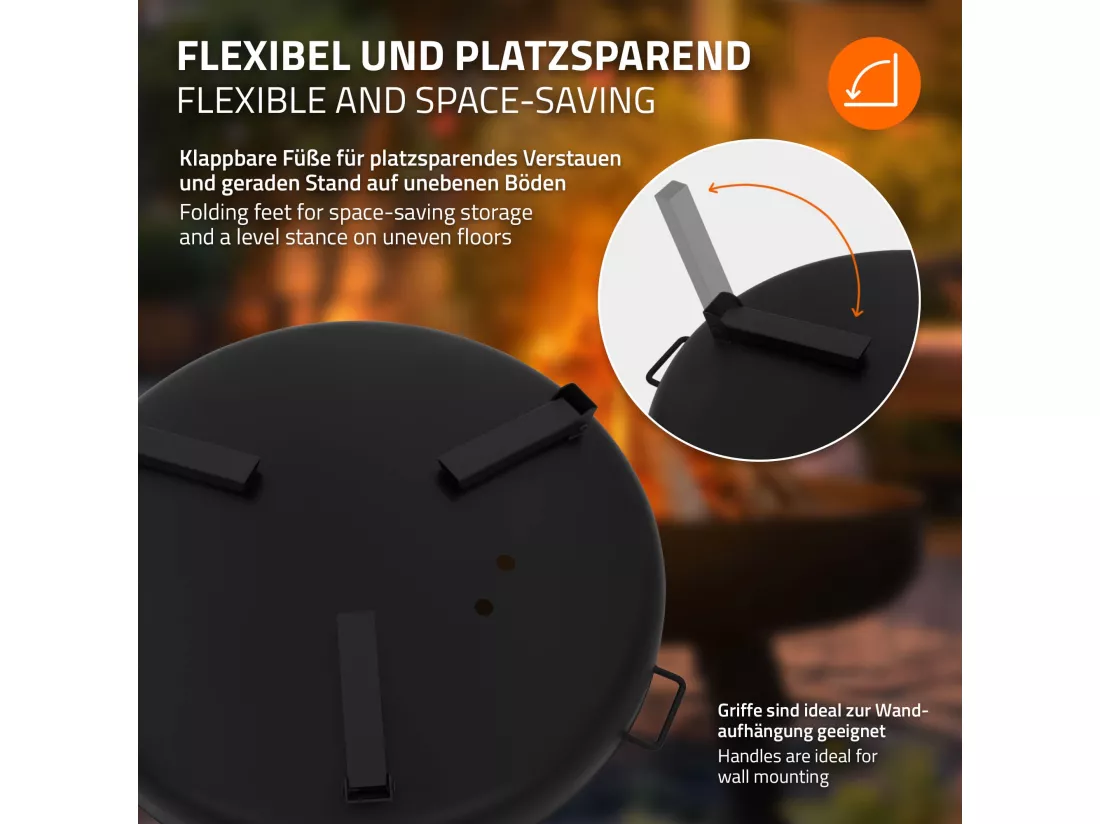 Bol à feu basero acier noir avec 3 pieds pliables foyer grille barbecue Ø60x27cm