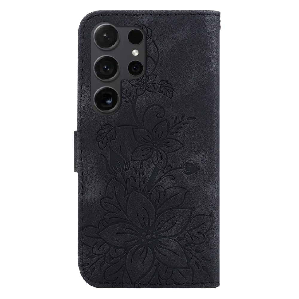 Samsung Galaxy S25 Ultra Leder Tasche Wallet - Blumen Imprint - Schwarz