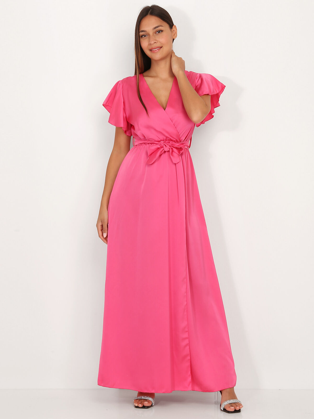 Robe longue cache cœur fuchsia fendue Fuchsia- Fuchsia