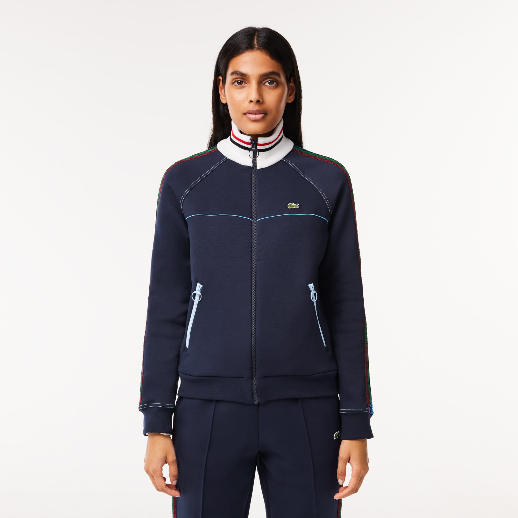 Sweatshirt zippé Paris fabriqué en France à col tricoté contrasté Sweatshirts - Bleu - Lacoste - Femme