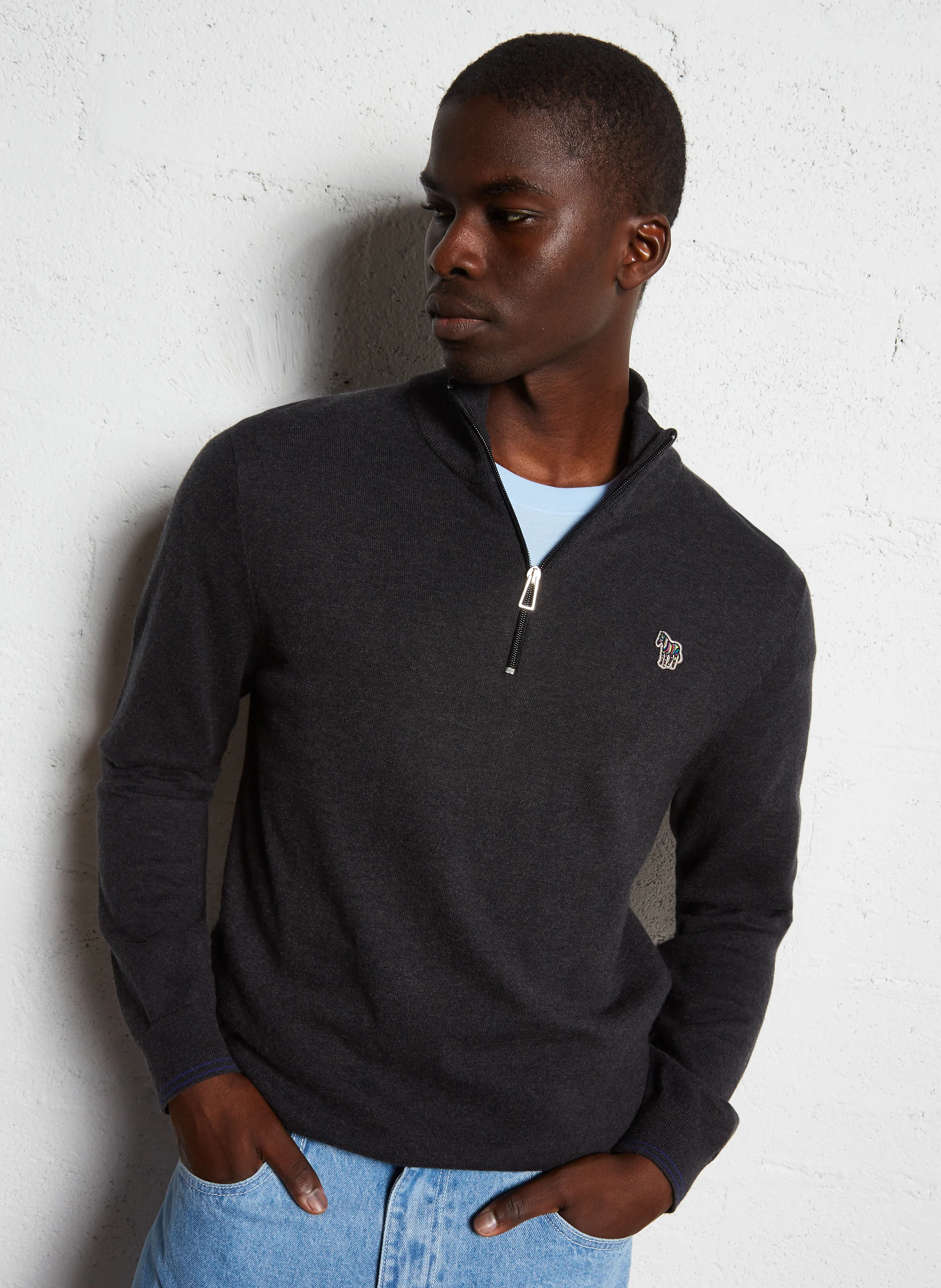 Pull col montant zippé en coton mélangé| Noir
