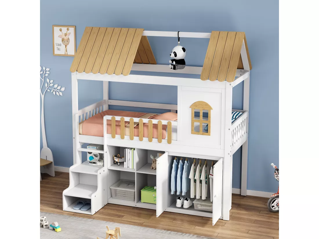 Lit mezzanine 90 x 200 cm avec armoire, 2 portes et toit - pin + MDF - blanc + naturel (sans matelas)
