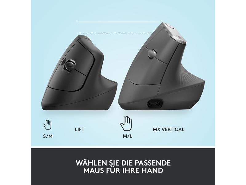 Logitech Ergonomische Maus Lift Graphite Komfortable ergonomische Maus mit vertikalem Design für kleine bis mittelgrosse Hände