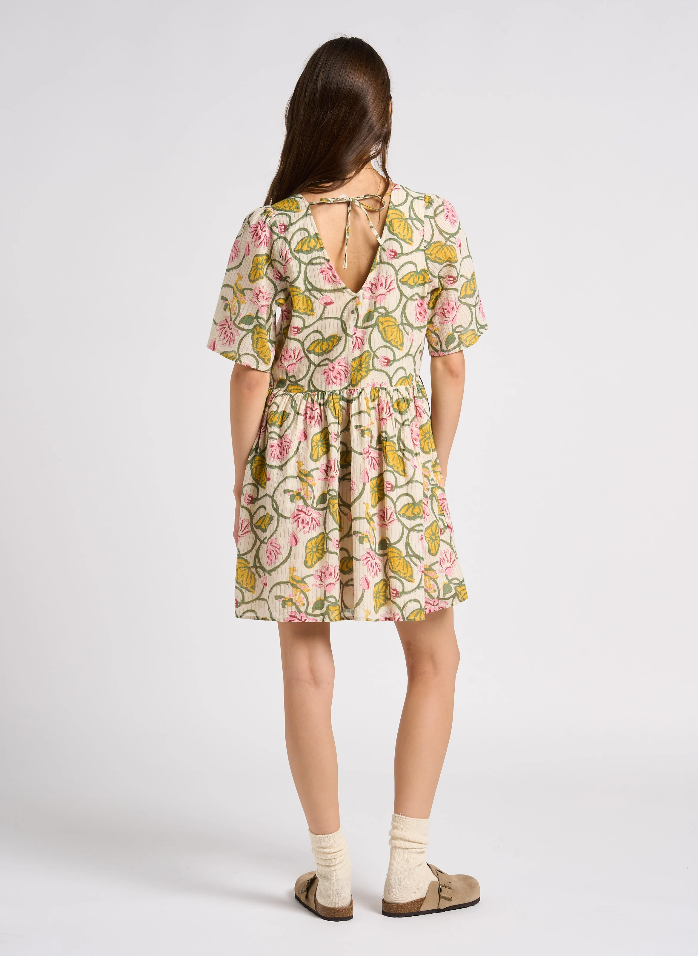 MAEVA - Robe courte col V en coton mélangé| Rose