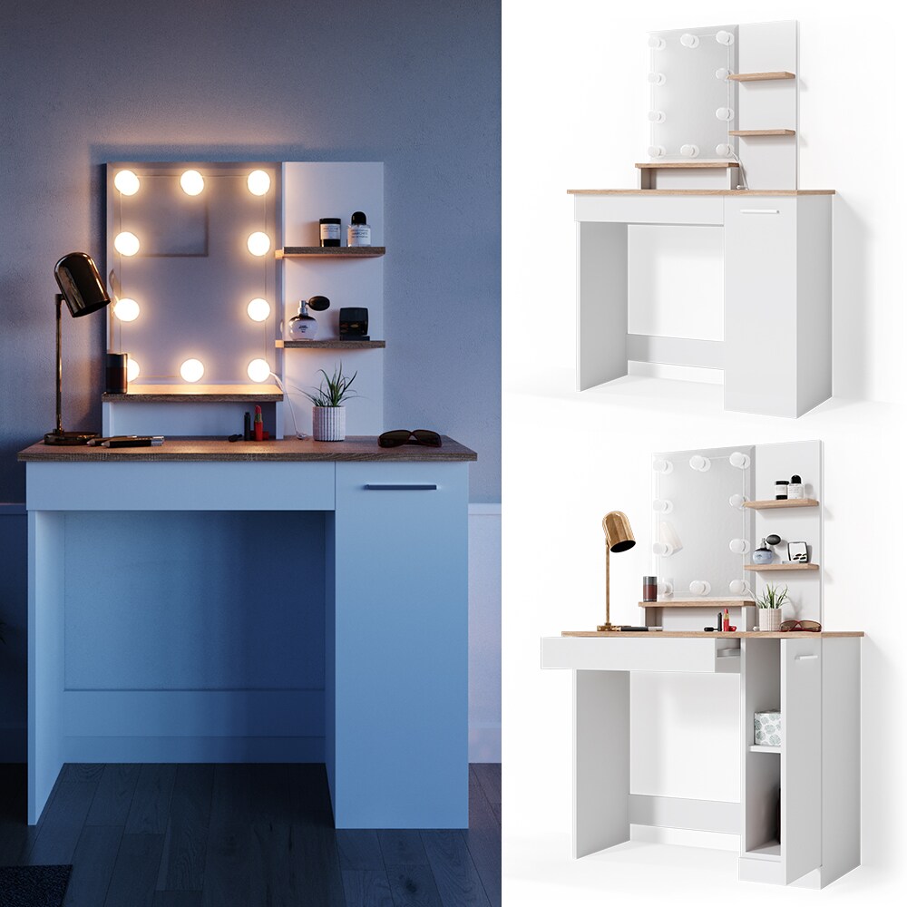 VICCO LED Schminktisch JULIA Frisiertisch Kommode Spiegel Weiß Eiche Kommode